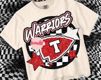Retro Pop Glitter Mascot-WARRIORS T PNG - School Spirit - Red