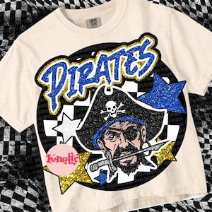 Retro Glitter Preppy PIRATE -Mascot- PNG - School Spirit - Blue Gold
