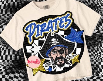 Retro Glitter Preppy PIRATE -Mascot- PNG - School Spirit - Blue Gold
