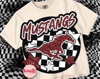 Retro Glitter Mascot Maroon - MUSTANG PNG - School Spirit