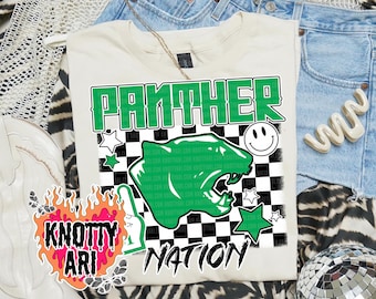 Retro Glitter Preppy Mascot-PANTHER Nation- PNG School Spirit- Kelly Green White
