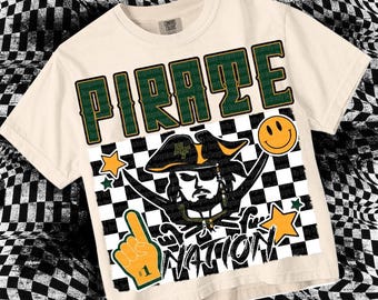 Retro Grunge Preppy PIRATE NATION-Mascot- PNG - School Spirit - Green Gold