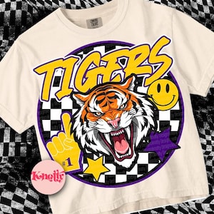 Mascota retro - Tigres PNG - Espíritu escolar - Púrpura dorado
