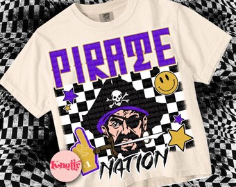 Retro Grunge Preppy PIRATE NATION-Mascot- PNG - School Spirit-Purple Gold