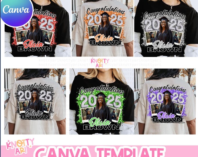 Featured listing image: Class of 2025 Glitter Graduation Shirt Design – Customizable Canva Template - 8 Different Variations
