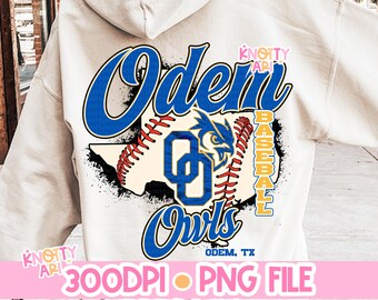 Vintage Inspired Odem Owls Baseball PNG - Blue Yellow- School Spirit - 2 Variations