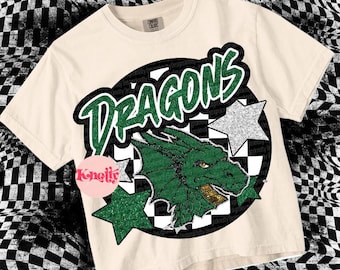Retro Glitter - Mascot-DRAGONS PNG - School Spirit - Green