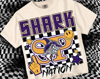 Retro Grunge -  Mascot- SHARK NATION PNG - School Spirit - Purple and Gold