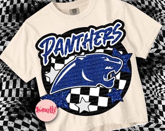 Retro Glitter Preppy Mascot-PANTHERS- PNG School Spirit - Blue Glitter