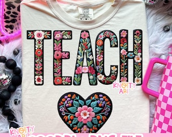 Cute Pastel Floral Embroidery Style - TEACHER PNG - Teacher Shirt PNG - Ready to Print - Latin Style