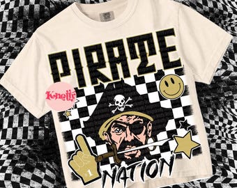 Retro Grunge Preppy PIRATE NATION-Mascot- PNG - School Spirit-Black Vegas Gold
