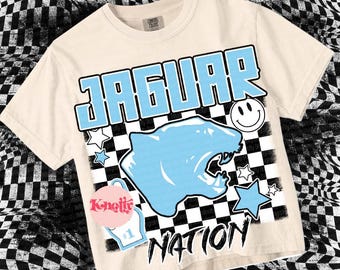 Retro Glitter Preppy Mascot-Jaguar Nation- PNG School Spirit- Baby Blue White