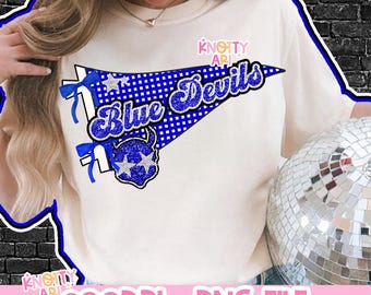 Cute Preppy Glitter Pennant - PNG File - Blue Devils Coquette - Mascots Blue White