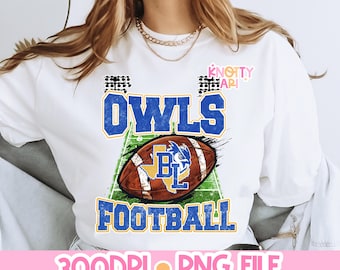 Cute Retro Distressed Owls Football PNG - Blue Yellow- School Spirit  - Football ready to print - DTF - DTG - Football design - Bl