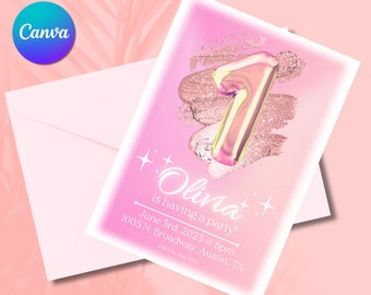 1st Pink Iridescent Birthday Invitation - Instant Download- Printable 5x7 - Editable - Canva Template