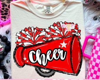 Cute Hand Sketched CHEER Design PNG, Cheer Megaphone and Pom Poms-  Red, Cheer Sublimation PNG, Ready to print - Cheer mom