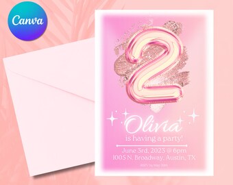 2nd Pink Iridescent Birthday Invitation - Instant Download- Printable 5x7 - Editable - Canva Template