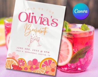 Pink & Orange Citrus Petals Bridal Shower- Bachelorette- Invitation - Instant Download- Printable 5x7 - Editable - Canva Template