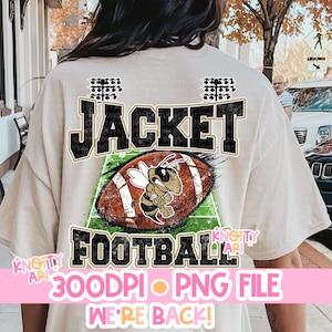 May include: A beige t-shirt with a distressed graphic design featuring a football, a bee, and the text "JACKET FOOTBALL 300DPI PNG FILE WE'RE BACK!"