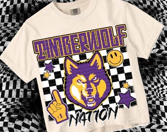 Retro Grunge -  Mascot-TIMBERWOLF NATION PNG - School Spirit - Purple Gold