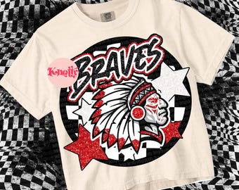 Retro Pop Glitter-  Mascot-BRAVES NATION PNG - School Spirit - Red