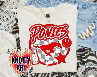 Retro Mascot -Ponies PNG - School Spirit-Red Grey