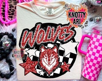 Retro Glitter -  Mascot-Wolves PNG - School Spirit - Red