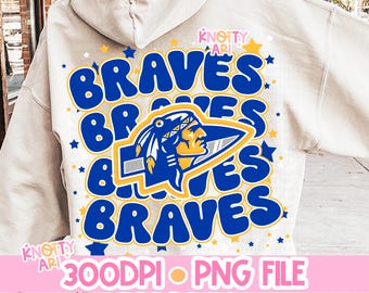 Retro Preppy -  Mascot-BRAVES PNG - School Spirit - Blue Gold - School Mascot - Community Braves