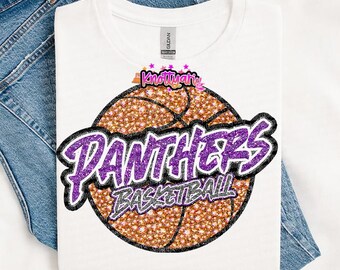 Cute Rhinestone Preppy Basketball Mascot-PANTHERS- PNG School Spirit - Purple Grey