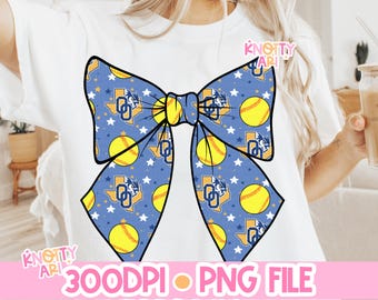 Coquette Odem Owls Softball Bow PNG - Blue Yellow- School Spirit - Ready to Print