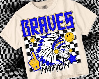 Retro Grunge -  Mascot-BRAVES NATION PNG - School Spirit - Blue Gold