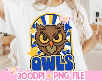 Cute Groovy Owls Baseball PNG - Blue Yellow- School Spirit - 2 Variations