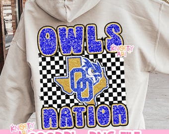 Retro Grunge Mascot- Glitter OWLS NATION PNG - School Spirit