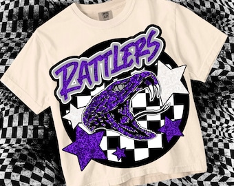 Retro Grunge -  Mascot- Glitter Rattler PNG - School Spirit Purple-Grey