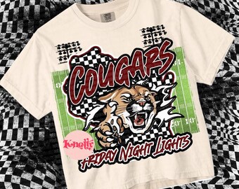 Retro- Friday Night Lights  -  Mascot-COUGARS Football PNG - School Spirit - Maroon Black- Wisconson