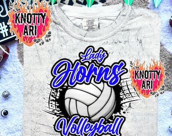 Retro Grunge Preppy Lady Horns Volleyball -Mascot- PNG - School Spirit - Blue