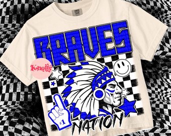 Retro Grunge -  Mascot-BRAVES NATION PNG - School Spirit - Blue White