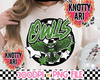 Retro Glitter Mascot- OWLS PNG - School Spirit - Green, White, and  Black
