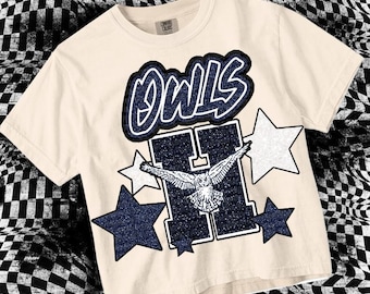 Retro Glitter Stars Mascot- OWLS PNG - School Spirit - Blue Glitter