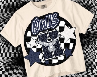 Retro Glitter Mascot- OWLS PNG - School Spirit - Blue
