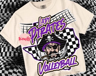 Retro Grunge Preppy Lady PIRATE Volleyball -Mascot- PNG - School Spirit - Purple Gold