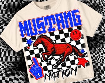 Retro Grunge Mascot Red Blue - MUSTANG NATION PNG - School Spirit