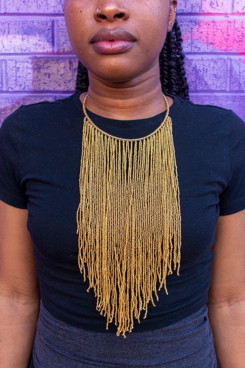 Shiny Grey Beaded Fringe Necklace