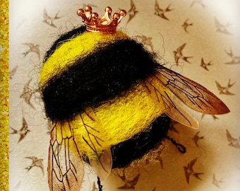 Handmade Welsh Wool Needle Felted Fluffy Queen Bee Bumblebee With Crown