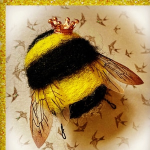 Handmade Welsh Wool Needle Felted Fluffy Queen Bee Bumblebee With Crown