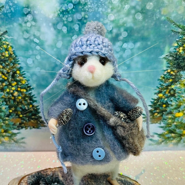 Handmade Needle Felted Christmas Gift Mouse “Evan” The Pine Cone Collecting Wintertime Mouse