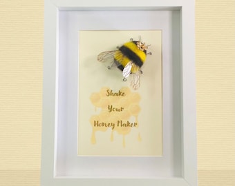 Handmade Gift Needle Felted Bumblebee Framed “Shake your Honey Maker” Queen Bee Wall Art