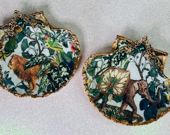 Handmade Pair of Vintage Jungle Elephant Lion Decoupage & Rose Gold Lustre Scallop Shell Jewellery Trinket Dishes Gift