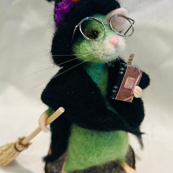 Handmade Needle Felted Gift Mouse “Lizzy” The Halloween Witch Mouse with her Broom