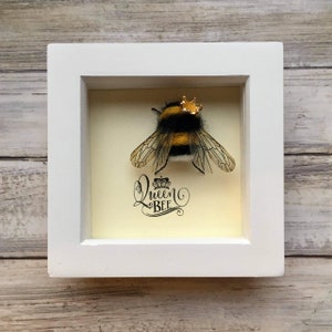 May include: A framed artwork featuring a bumblebee wearing a gold crown. The bee is black and yellow with translucent wings. The artwork includes the text "Queen Bee" in a decorative font, set against a cream-colored background within a white frame.